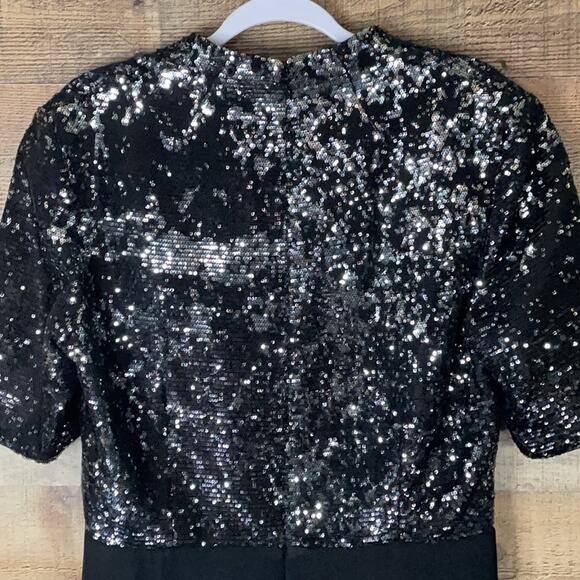 Badgley Mischka Black Sequin V-Neck Short Sleeve Shift Dress SZ 12 - Picture 6 of 9